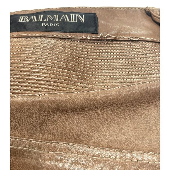 Balmain Paris Lamb Leather Moto Pants in Taupe - Picture 10 of 11